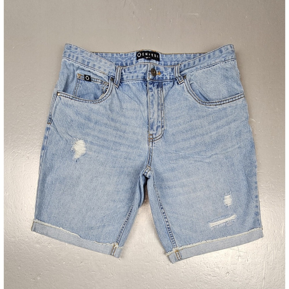 Empyre Shorts Mens‎ 34 Y2k Light Blue Denim Cuff Leg Distressed Skater Jorts.